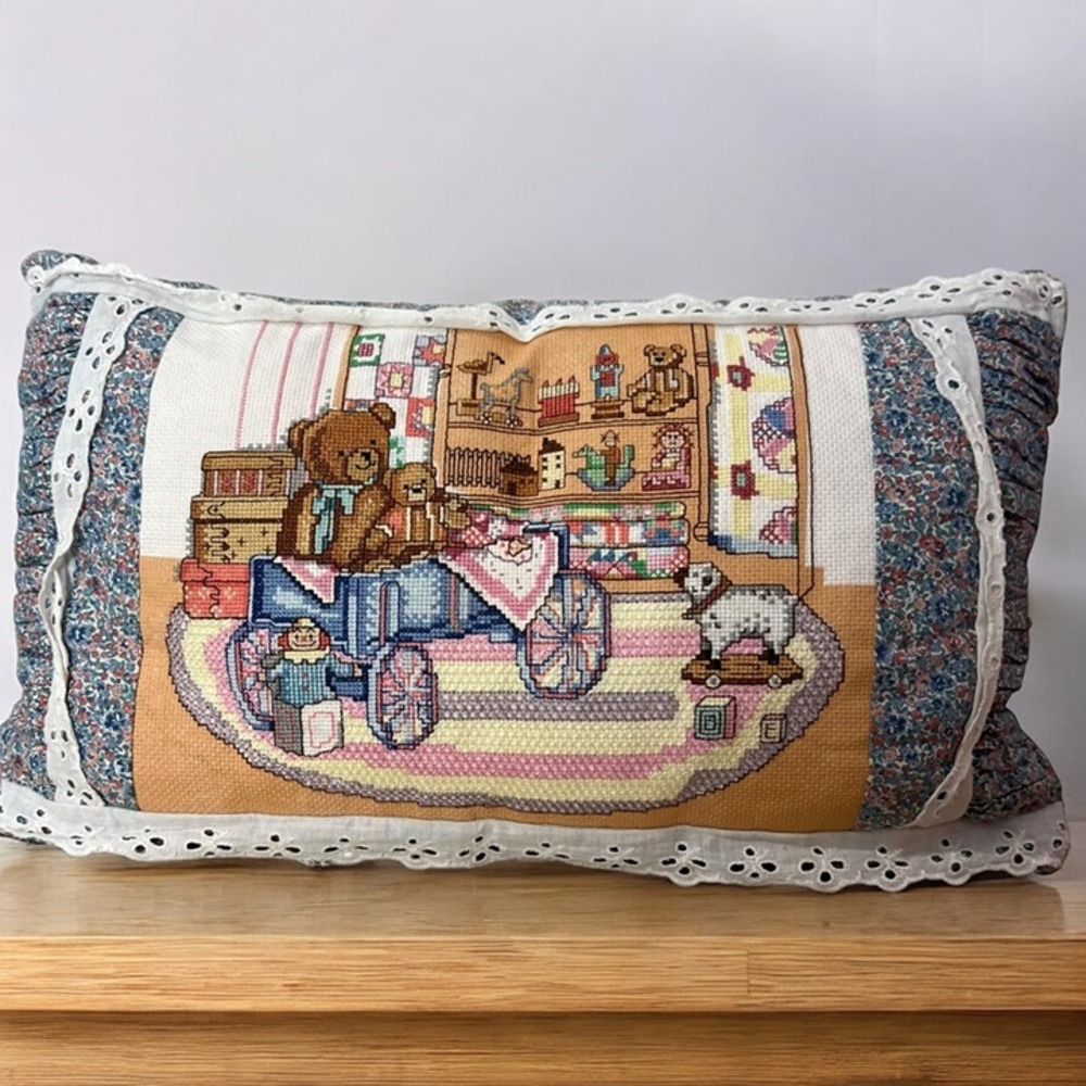 Handmade Throw Pillow With Teddy Bear Cross-Stitch Design & Lace Trim‎